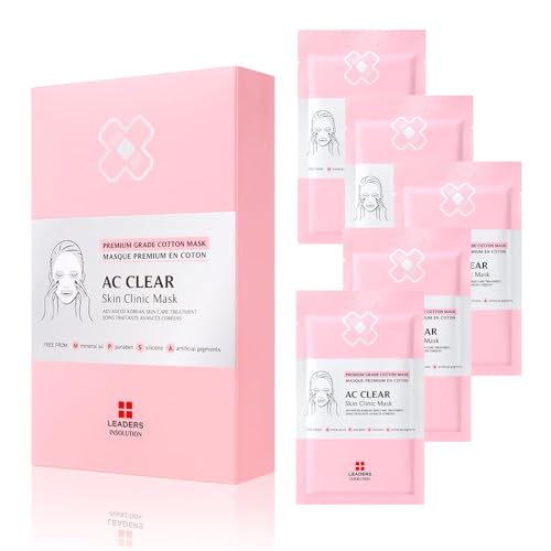 Leaders Insolution AC Clear Skin Clinic Mask | Snail Secretion & Tea Tree Oil for Acne, Redness, Oil Control | 100% Cotton Bemliese Sheet | Balances & Soothes Sensitive Skin (5 Sheets)