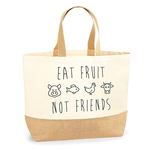HotScamp Eat Fruit Not Friends - Jute CanvasTote Shopping Bag - Eco Shopper Shopping Bag Vegan Vegetarian Food Plant Based One size natural