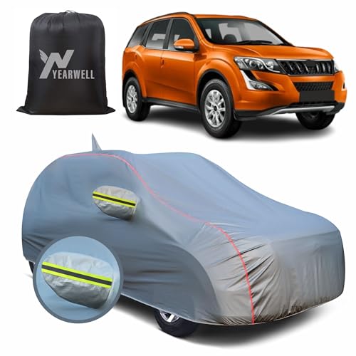 Image of Car Body Cover for Mahindra XUV 500, 100% Waterproof, Heat-Resistant with Mirror & Antenna Pockets, Soft Cotton Lining, Triple Stitched, Green Reflector (Metallic Grey)