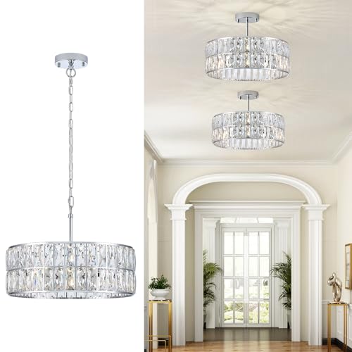 Modern Crystal Chandelier 18Chrome Semi Flush Mount Ceiling Light Fixtures 6-Lights Drum Crystal Pendant Lighting for Dining Room Foyer Bedroom Living Room