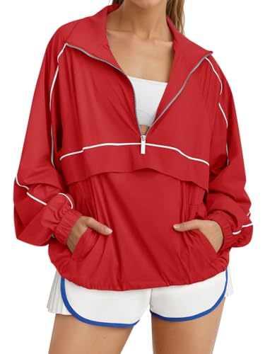 Fisoew Quarter Zip Pullover Women Lightweight Windbreaker Jacket Running Hiking Outdoor Pullover with Pocket