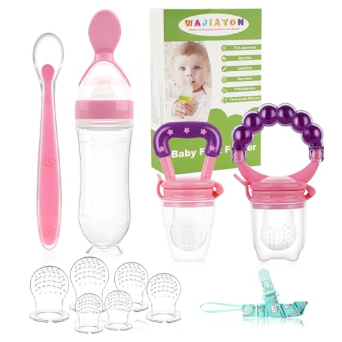 Image of WAJIAYON Baby Fruit Feeder Pacifier - 12 Pack | 2 Infant Food Feeder Pacifier & 1 Baby Food Dispensing Spoon | Fresh Fruit Teethers for Babies | Silicone Feeder Babies,Infant Teething Feeders (Pink)