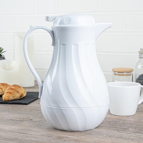 Restaurantware-Restpresso 42 Ounce Coffee Carafe, 1 Insulated Coffee Server - Push-Button Top, Swirl Design, White Plastic Pitcher, Built-In Handle, With Identification Tags by Restaurantware - Image 7