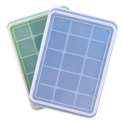 Ice Cube Trays with Silicone Lid Silicone Square Ice Tray Molds Easy Release Ice Making Mold 2 Pack 15 Grid Grey BlueGreen