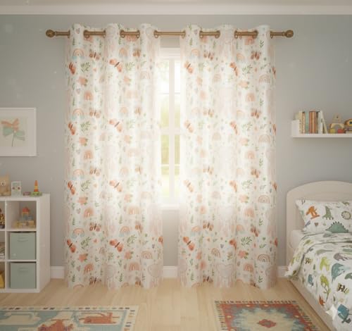 Image of 3D Printed Light Filtering Kids Room Curtain 5 feet Long Set of 2 pcs, Kids Bedroom Curtain Panel, Butterfly Rainbow Curtain for Kids Room Girls Room, Window 4x5 ft Beige Color Parde