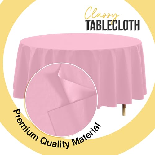 Image of Exquisite 66% Thicker Premium Pink Round Tablecloth 0.5 Mil 24 Pack Plastic Table Cloth Disposable 84 Inch Round Plastic Tablecloth Won't Tear Easily Like Cheap Thin Brands
