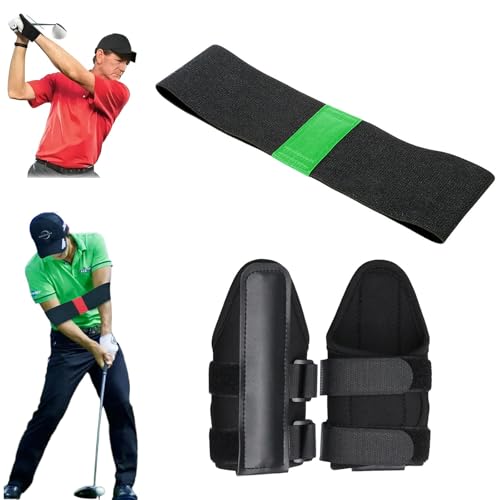 ZANWANXIN Golf Wrist Correction Trainer & Arm Band Set, Golf Swing Trainer Arm Band, Connection Band Golf Wrist Brace, Grip Trainer Attachment & Swing Correcting Arm Band (Green)