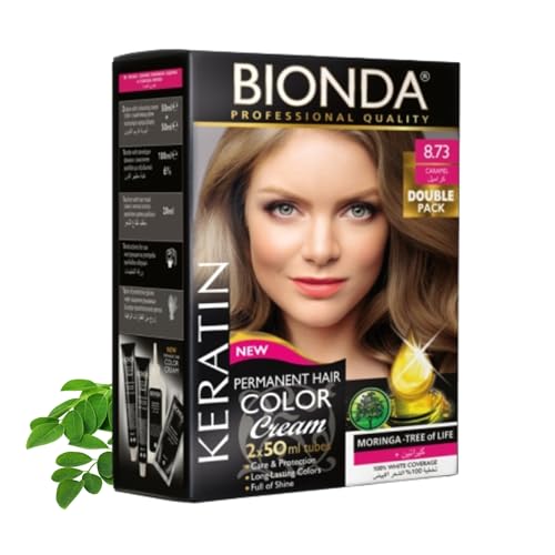 BIONDA Professional Color Cream Color Cream 8.73 Caramelo 200 ml | Paquete doble | Queratina y Moringa Cuidado | Color intenso de larga duración con brillo | Cobertura 100% de las canas