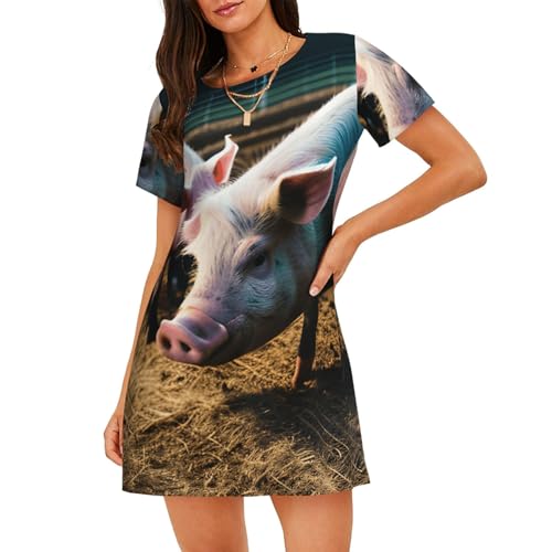 Chemise de nuit à manches courtes motif cochons pour femme en coton léger