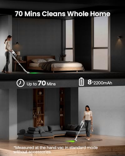 Image of Cordless Vacuum Cleaner for Home, Upgraded 60Kpa Powerful Suction Pet Hair Vacuum with 70min Runtime, Green LED Light for Hardwood Floors & Carpet, Self-Standing Rechargeable Stick Vacuum, Grey-white
