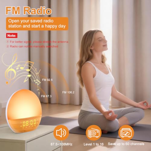 LUMLLSAJI Sunrise Alarm Clock, White Noise Sound Machine, Gentle Alarm Clocks for Bedrooms, Wood Grain, 24 Soothing Sounds, 17 Night Lights, Dimmable Clock, Dual-Alarm for Heavy Sleepers - Image 6