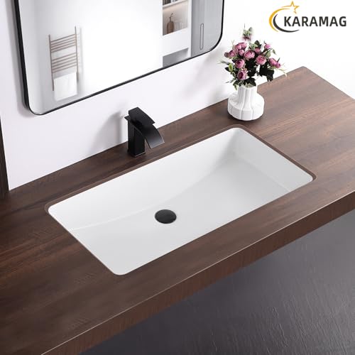 Image of 32 Inch Undermount Bathroom Sink Rectangle Undermount Sink White Ceramic Under Counter Bathroom Sinks with Overflow (31.9 inchx16.5 inch)