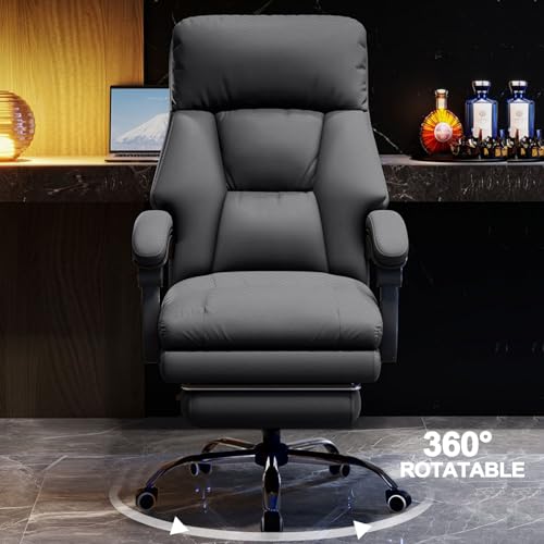 Image of Office Chair with Retractable Footrest Comfortable Executive Desk Chair, Heavy-Duty Ergonomic Leather Chair, Adjustable Height Computer Gaming Chairs for Home Office
