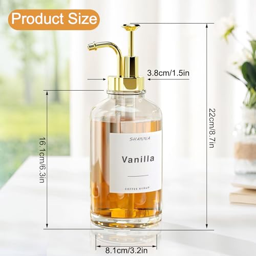 Dozownik syropu kawowego, dozownik syropu 500 ml, szklana butelka syropu z eleganckimi pompkami i 36 etykietami, lejkiem i pompką, dozownik do syropu, dozownik miodu, pompa do syropu kawowego