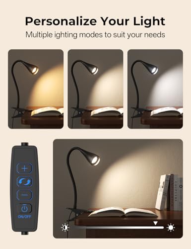 Image of Clip on Light, Desk Lamp with Clamp and Adapter, LED Eye Caring Reading Light for Bed with 3 Colors & 10 Brightness Levels, Clamp Light with Flexible Gooseneck for Bedroom, Office, Dorm