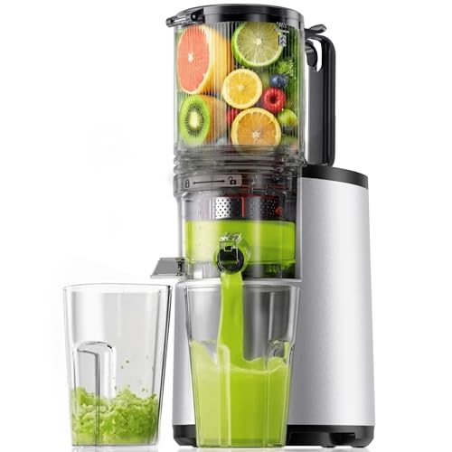 Image of Cold Press Juicer, EUHOMY 5.5" Extra Large Feed Chute Slow Masticating Juicer, 250W Juicer Machines, 99.6% High Juice Yield, Easy to clean, Reverse Function, for Whole Vegetables & Fruits. Sliver