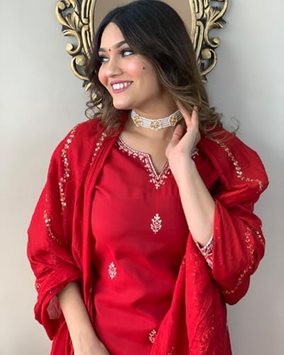 Image of Yashika Women Pink Embroidered Chanderi Fabric Straight Kurta, Pant and Dupatta Set