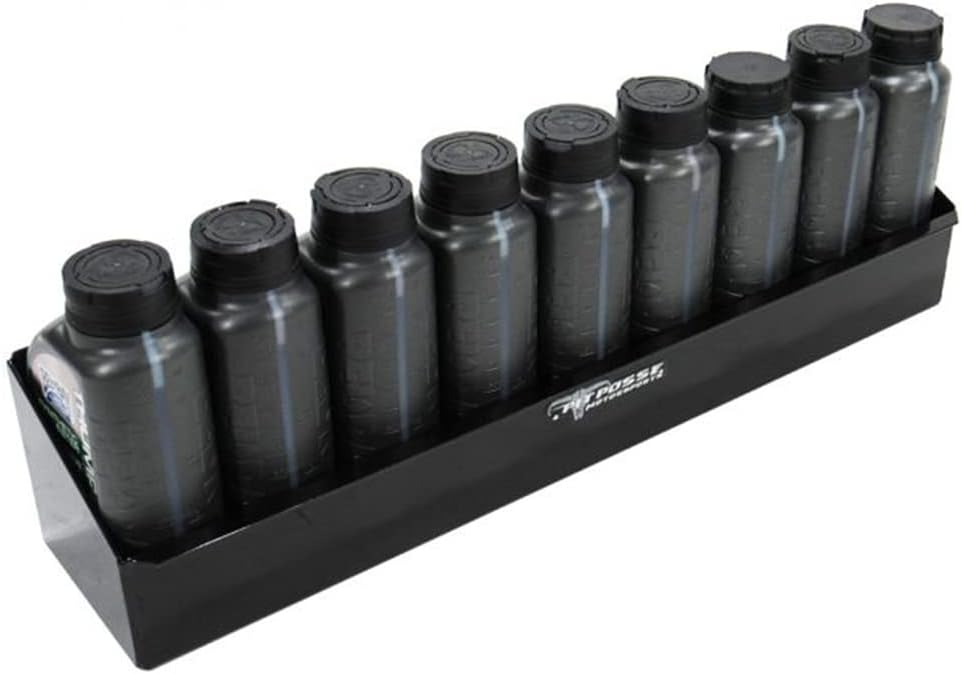 Pit Posse 564BKB Oil Shelf Caddy 8 Bottle Rack Holder 24" - Made in USA - Holds 8 Quarts of Automotive Motor Engine Oil - Enclosed Race Trailer Shop Garage Aluminum Storage Organizer (Black)