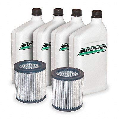 Speedaire 1WF47 Rv30 Maintenance Kit components: four bottles of oil and two air filters.