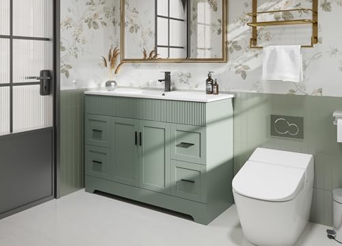 eclife 48' Bathroom Vanities Sink Combo with Painted Surface, Modern Drawered Cabinet W/Decorative Wave Lines, Undermount Single White Sink, Matte Black Faucet Drain, Gray Green-1