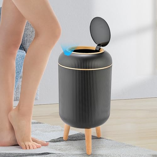 Image of Pukomc Motion Sensor Trash Can, 2.6 Gallon Automatic Trash Can with Lid, Fluted Bathroom Trash Can with Wood Legs, Decorative Round Wastebasket for Bedroom and Office