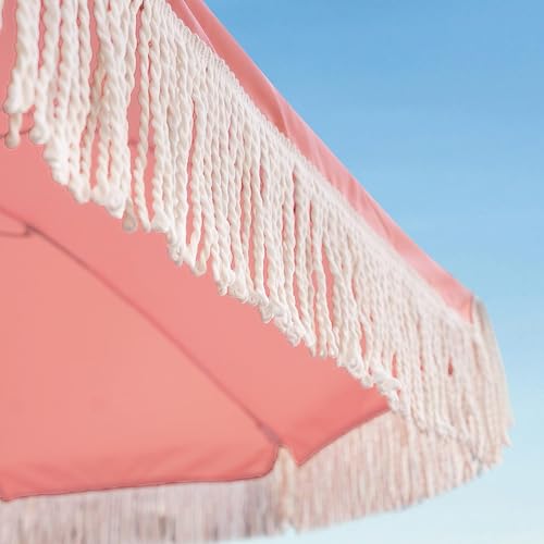 Image of AMMSUN 7ft Patio Umbrella with Fringe Outdoor Tassel Umbrella UPF50+ Premium Steel Pole and Ribs Push Button Tilt, Pink