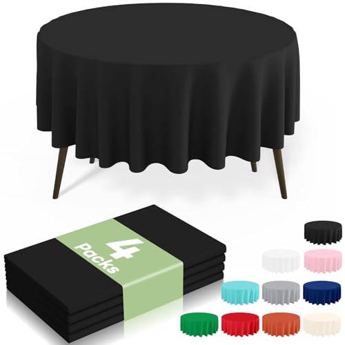 Image of misaya 4 Packs Disposable Plastic Table Cloth, 84 inch Round Waterproof Tablecloth, Leakproof & Sturdy Decorative Table Covers for Picnic, Party, Outdoor and Back to School, Black