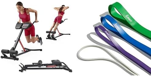 Sunny Health and Fitness Unisex's Station Hyperextension Roman Chair with Dip Station, Black + Versatile Resistance Bands (Single or Combination Set) - 4.5-35kg Combo