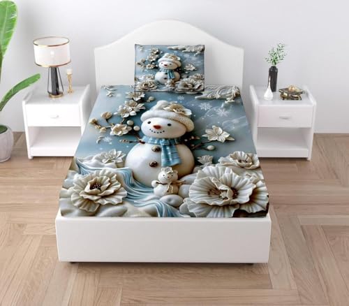 Image of Digital Printed Heavy Quality Glace Cotton 7D Bedsheet for Single Bed, 60 inch x 90 inch Flat Bedsheet with 1 Matching Pillow Cover for Kids, 300 TC (Snow Man)