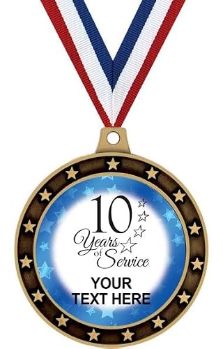 10 Years of Service Custom Text Medals 10 Pack – Years Blue Star Personalized Value Pack of 10 Gold Medal Awards