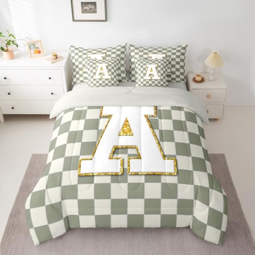 Image of Erosebridal Sage Green Checkered Full Comforter Set with Sheets 7 Piece Plaid Initial A Bed in A Bag Personalized Monogram Bedding Sets for Kids Adults,Fashion Grids Gingham Bed Set