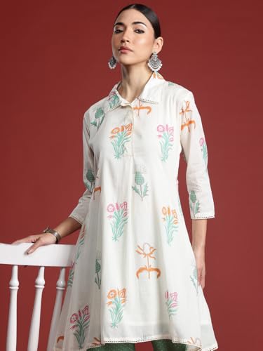 Image of INDO ERA Women's Pure Cotton A-Line Printed Kurta with Pant | Women Kurta Set | Ethnic Wear for Women | Daily Office Casual Traditional Outfit,KS0OW10128XXL
