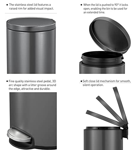 Image of Obsessions EKO Soft-Close Bathroom Trash Can - 5L Stainless Steel Pedal Bin with Lid & Liner, Elegant Black Steel Waste Basket for Home & Kitchen