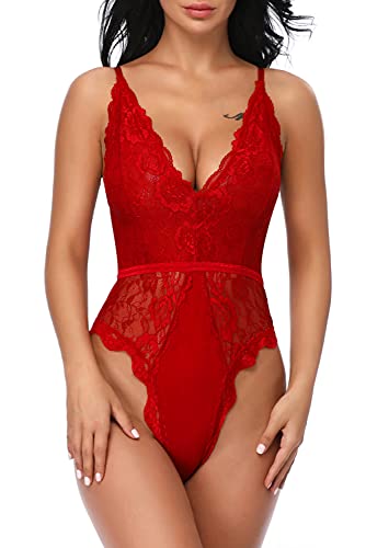 EVELIFE Body Damen Sexy Dessous EIN Stück Teddy Babydoll Spitze Bodysuit Lingerie V-Ausschnitt Unterwäsche Nachtwäsche, Rot, L