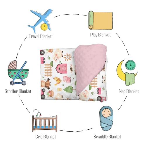 Image of Mink Baby Girl Blanket Farm Life Barn Animal Pink, Cow Horse Sheep Chicken Chick Pig Tractor Double Layer Dotted Backing Receiving Blankets Newborn Infant Toddler Nursery Crib Bedding 30 x 40