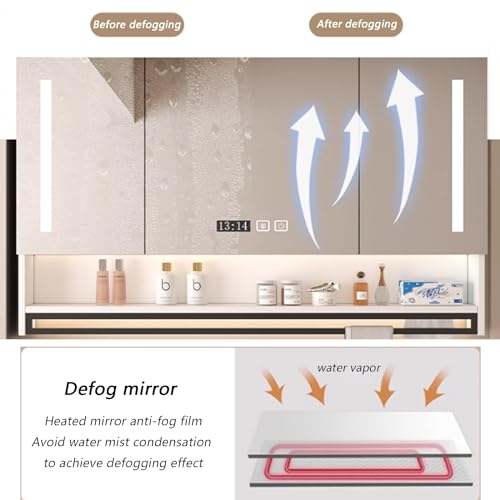 Botiquín para baño con espejo HD y luces LED, montaje en pared, almacenamiento inteligente con desempañador, botiquines iluminados para baño con display de hora y temperatura, soporte para toallas miniatura 4