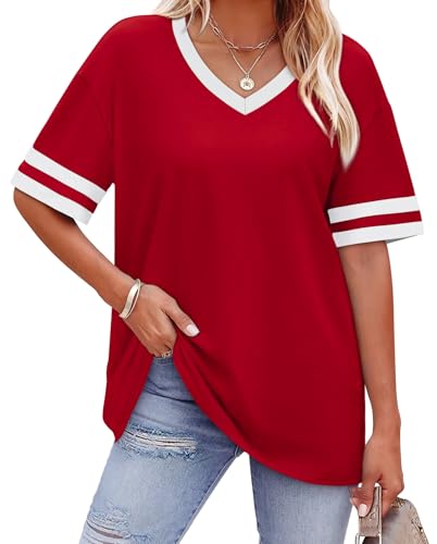 Summer Outfits for Women Travel Outfits Blouses for Women Dressy Casual Spring Summer Tops Short Sleeve Shirts Tunic Oversized Tshirts Womens Clothing Striped Tee Peasant Clothes Date Loose Fit Red M
