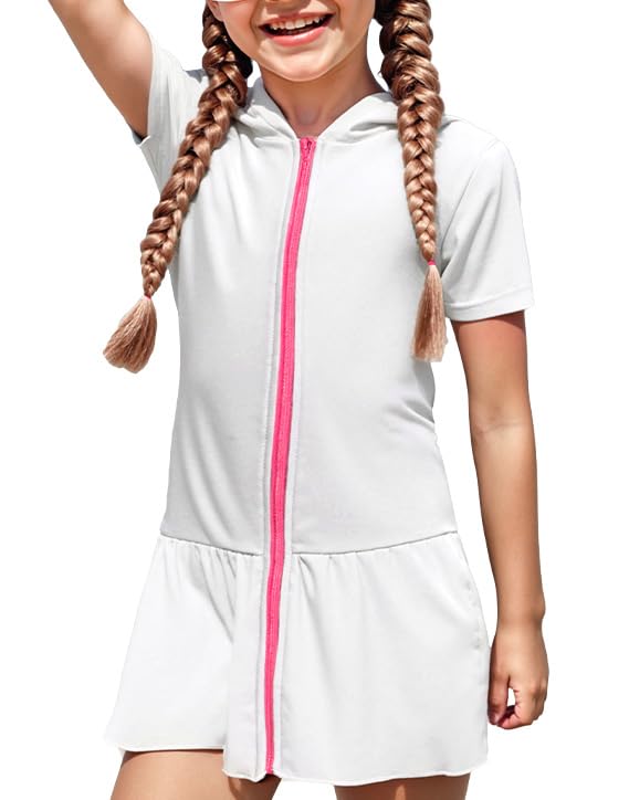 Image of Girls Sun Protective Swim Cover Up Hooded with Full-Length Zipper Short Sleeve UPF 50+ Beach Dress Coverup