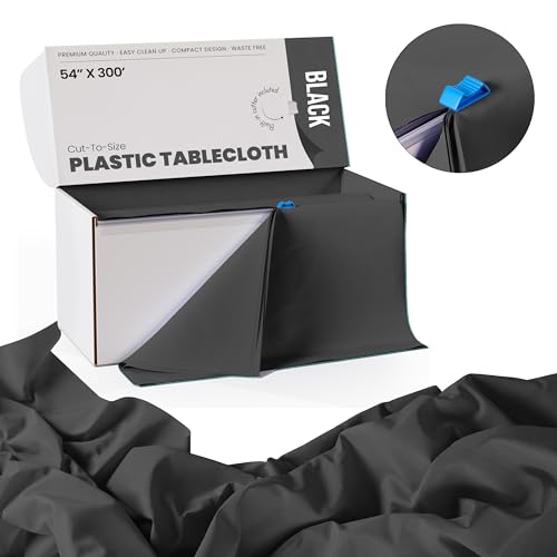 Image of Exquisite Party Solids 54 Inch X 300 Feet Black Plastic Table Cover Roll in A Cut - to - Size Box with Convenient Slide Cutter. Cuts Up to 36 Rectangle 8 Feet Plastic Disposable Tablecloths