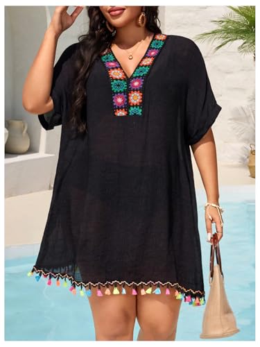 Robe de plage grande taille col en V coupe flatteuse noire