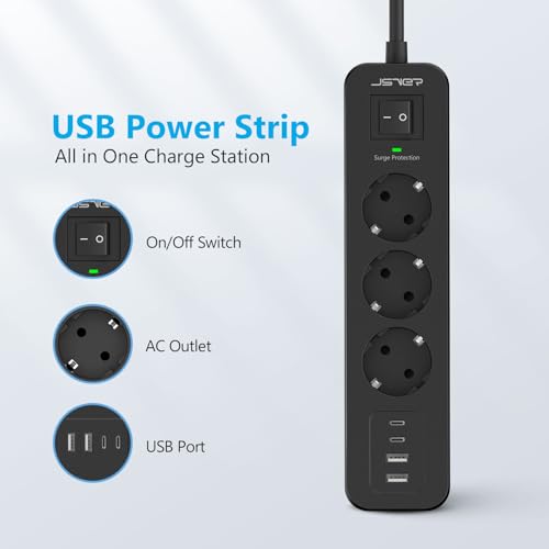 JSVER Mehrfachsteckdose mit USB C, Steckdosenleiste Überspannungsschutz mit 4 USB, Mehrfachstecker Steckdosenturm mit Schalter, Verlängerungskabel 2M für Zuhause-Schwarz 2