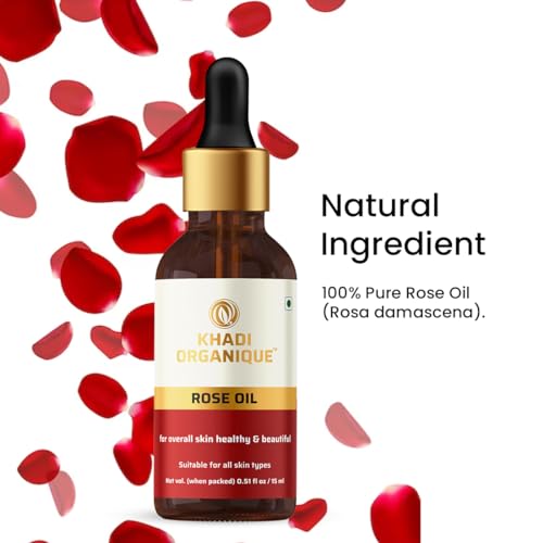 Image of Khadi Organique Rose Essential Oil for Hair Growth, Acne & Blemishes Control | 100% Pure & Natural Oil for Skin, Body, Diffuser, Aromatherapy & Relaxation | For Women & Men of All Skin Types - 15ml