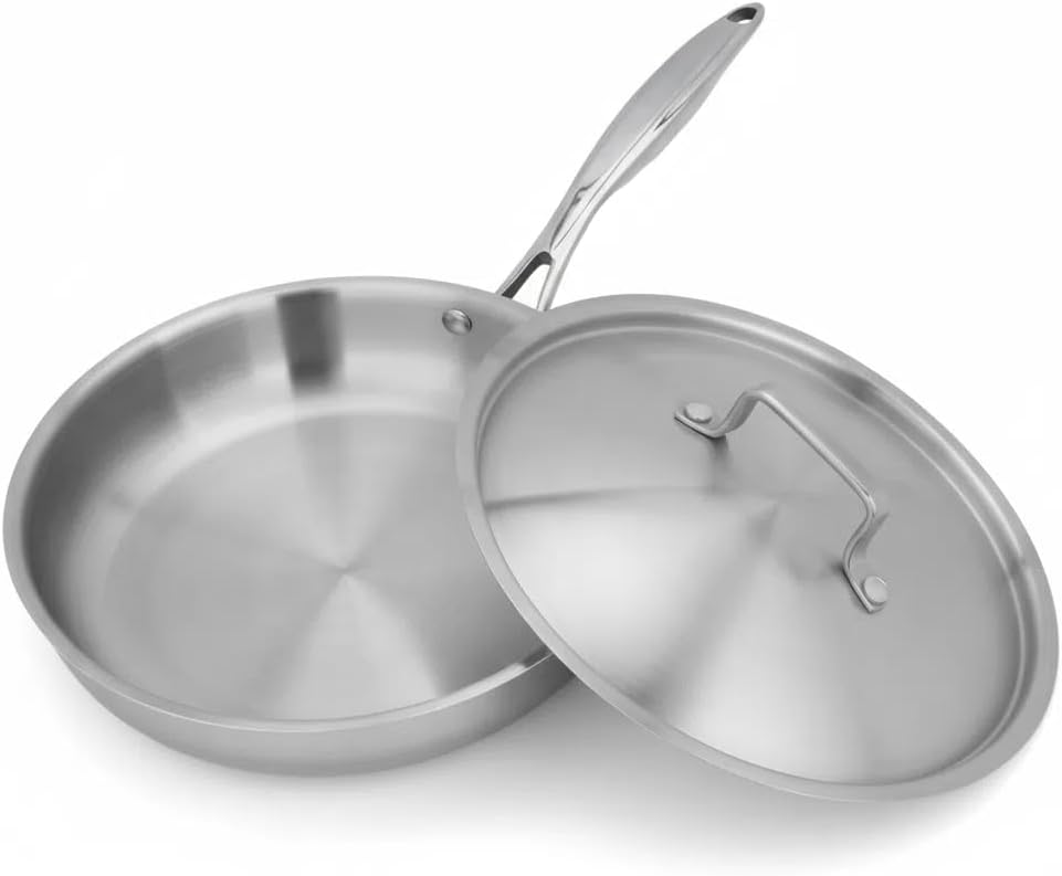 22 Stainless Steel Fry Pan with Stainless Steel Lid – Non-Stick, Low Smoke – Perfect for Frying, Stir-Frying, and Searing Steaks