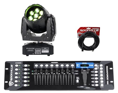 Audiosavings Bundle: Eliminator Stealth Wash Zoom 7x12 W LED Moving Head Light Bundled with Rockville ROCKFORCE 192-Channel Light/Fog DMX Lighting Controller+ DMX Cable (3 Items)