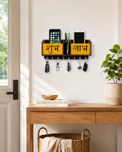Image of Shubh Labh Key Holder Unique Designer 2 Pocket Pen and Mobile Stand Stainless Steel 8 Hooks Wooden Key Holder for Home, Key Stand for Wall, Key Organizer for Office, Hall Decoration