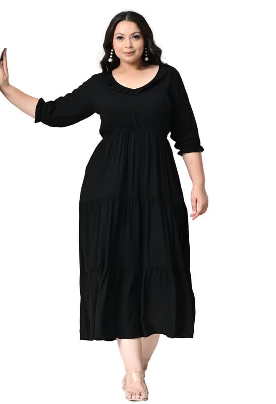 prettyplus by desinoor.com Plus Size Rayon Ruffle Tiered Midi Dress for Women | Stylish Fit & Flare Western Midi Dress | Below Knee Length Solid One Piece | Casual Desk to Dinner Womens Dresses-picture-24