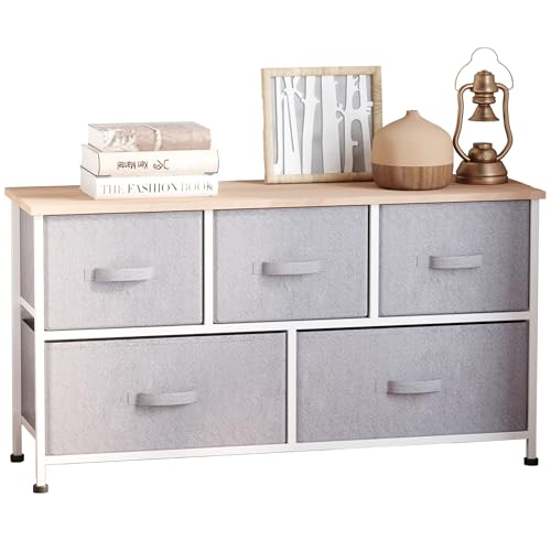 HOMCOM Commode Meuble de Rangement 100 x 30 x 54 cm 5 tiroirs Non-tissés Gris Structure Acier Blanc Bois Clair