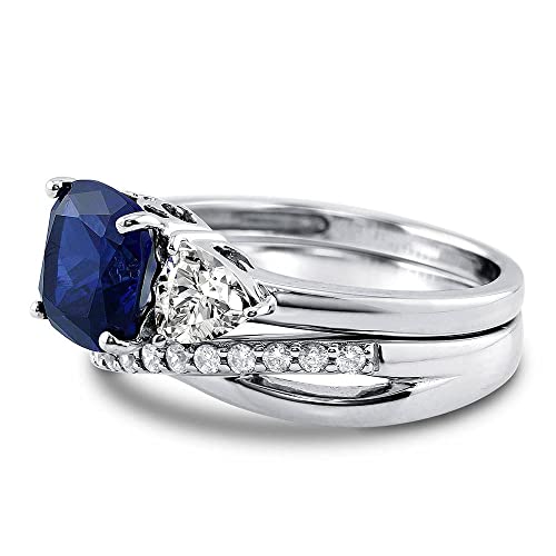 BERRICLE Sterling Silver 3-Stone Wedding Engagement Rings 3 Carat Simulated Blue Sapphire Cushion Cut Cubic Zirconia CZ Infinity Ring Set for Women, Rhodium Plated3