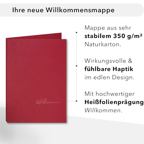 Willkommensmappe A4 Naturkarton - BL-exclusivdruck® BL-plus - mit Prägung ’Willkommen’ - hochwertige Übergabemappen aus 350g/m² Pappe - Begrüßungsmappe für Mitarbeiter oder Gäste (Rubinrot, 8 Stück)