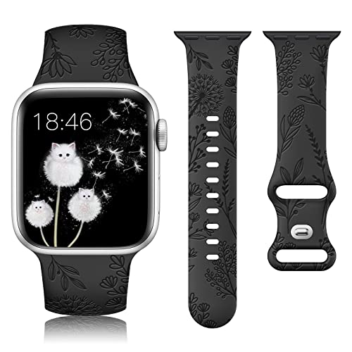 Image of Minyee Floral Engraved Band Compatible with Apple Watch 41mm 40mm 38mm 42mm 44mm 45mm 46mm 49mm Women, Cute Soft Silicone Flower Sport Fancy Strap for iWatch Series 11 10 9 8 7 6 5 4 SE /Ultra 3 2 1
